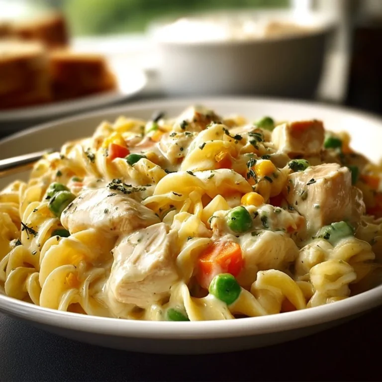 Delicious Classic Chicken Pot Pie Pasta served in a bowl with fresh herbs.