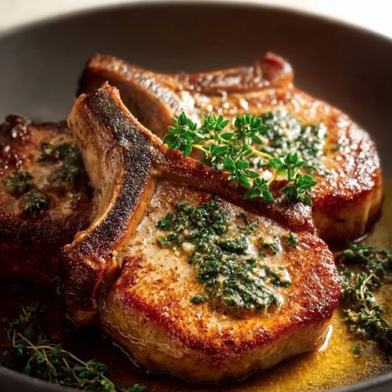Pan-fried pork chops with garlic butter on a plate, garnished and ready to serve.