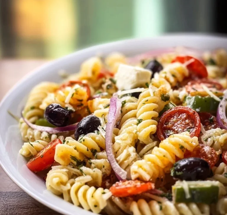 Bowl of classic pasta salad with fresh vegetables and dressing