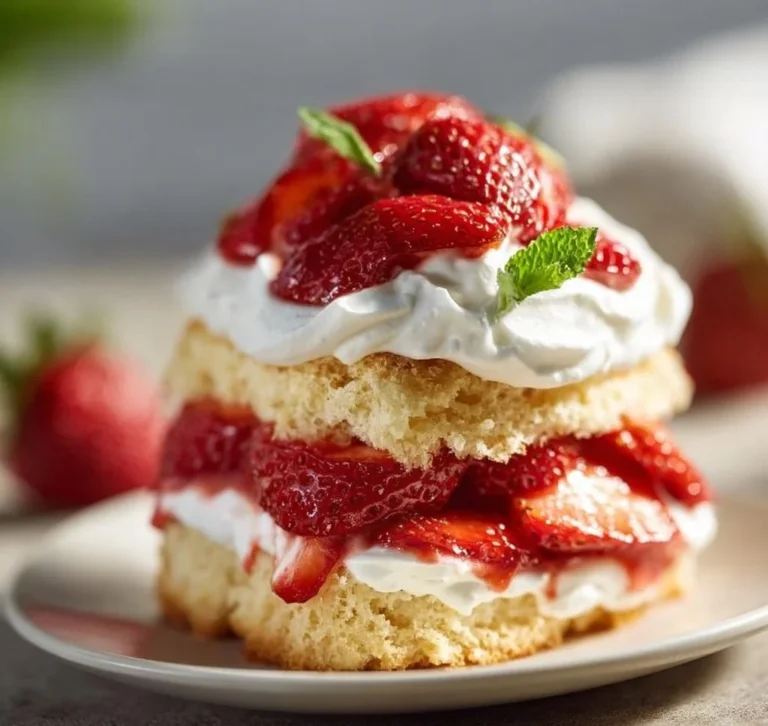Classic strawberry shortcake with layers of sponge cake and fresh strawberries
