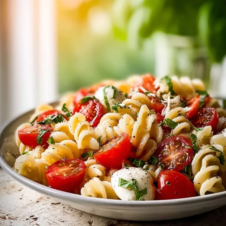 Colorful Caprese Pasta Salad with fresh tomatoes, mozzarella, and basil