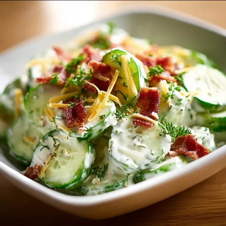 Creamy cucumber salad with bacon and cheese served in a bowl