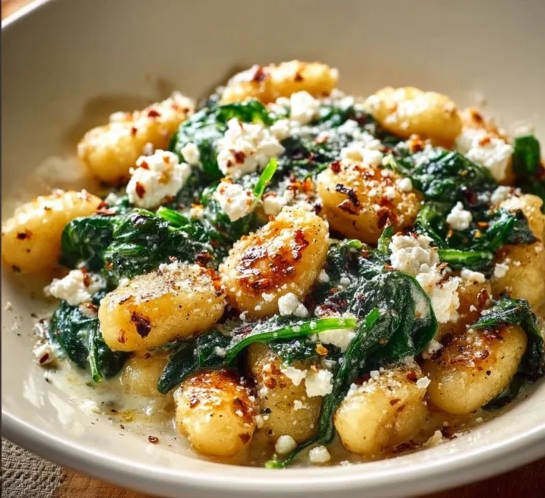 Creamy gnocchi with spinach and feta served in a bowl