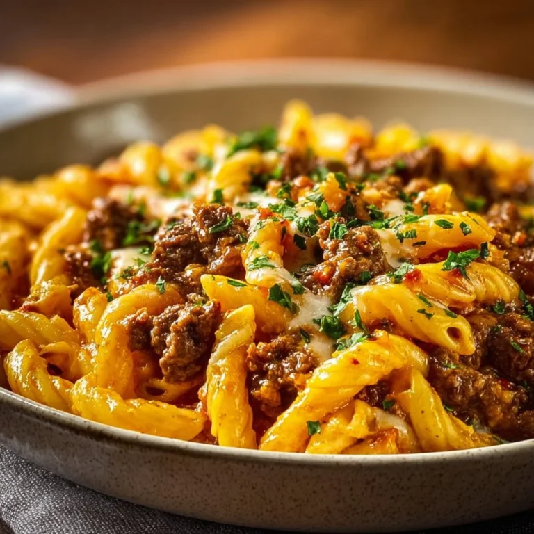 Creamy high protein beef pasta served in a bowl with fresh herbs