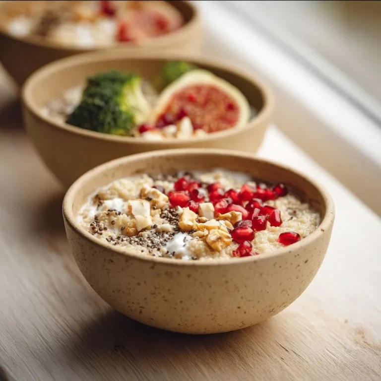 Creamy quinoa porridge bowls topped with fruits and nuts