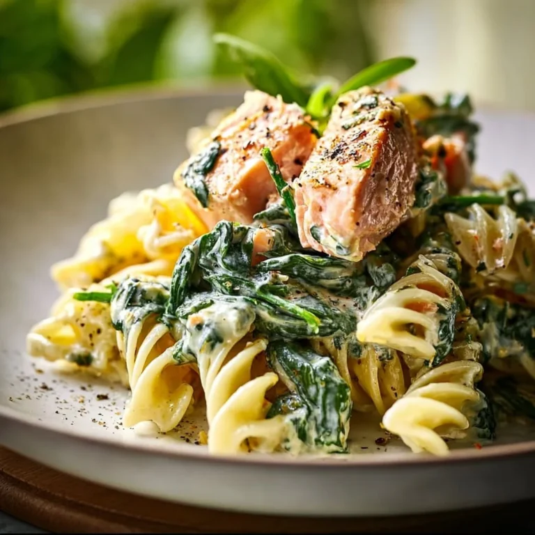 Creamy spinach and salmon pasta dish garnished with fresh herbs