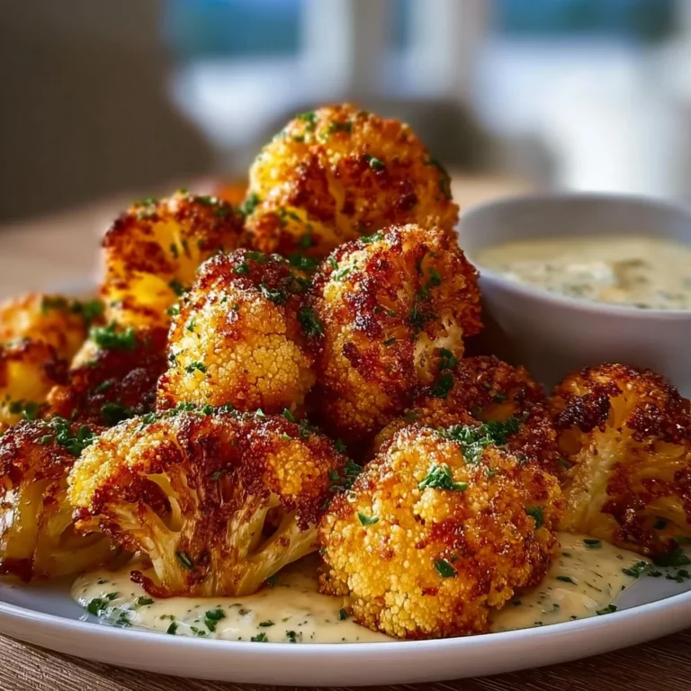 Crispy baked cauliflower bites served with a garlic dipping sauce on a plate.