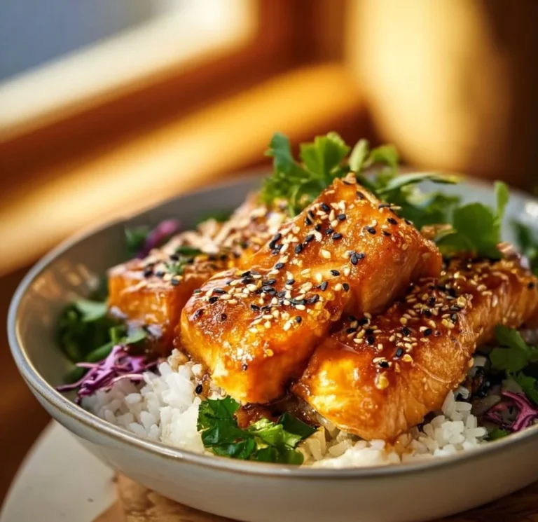 Crispy salmon and rice bowl with fresh vegetables and sauces