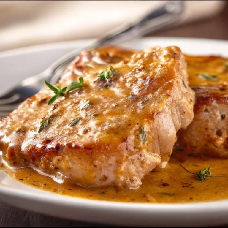 Crockpot ranch pork chops served on a plate with herbs and seasoning.