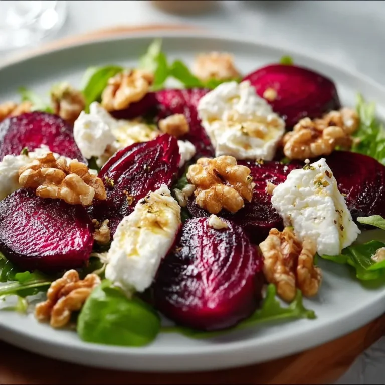 Delicious roasted beet and goat cheese salad with walnuts served in a bowl