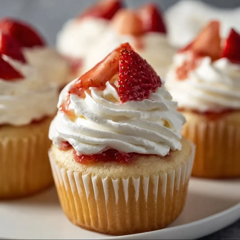 Delicious strawberry shortcake cupcakes topped with fresh strawberries and cream