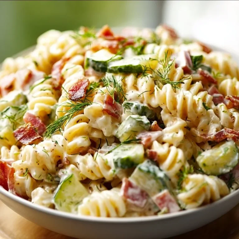 Bowl of Dill Pickle Bacon Pasta Salad garnished with herbs.