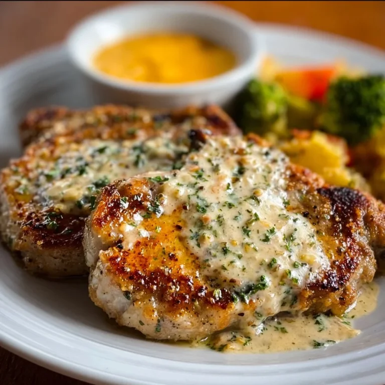 Delicious cheddar ranch pork chops on a plate, garnished and ready to eat.
