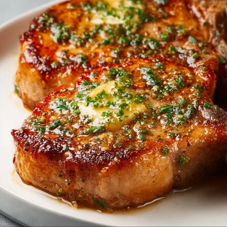 Delicious garlic butter pork chops made in an air fryer, served on a plate.