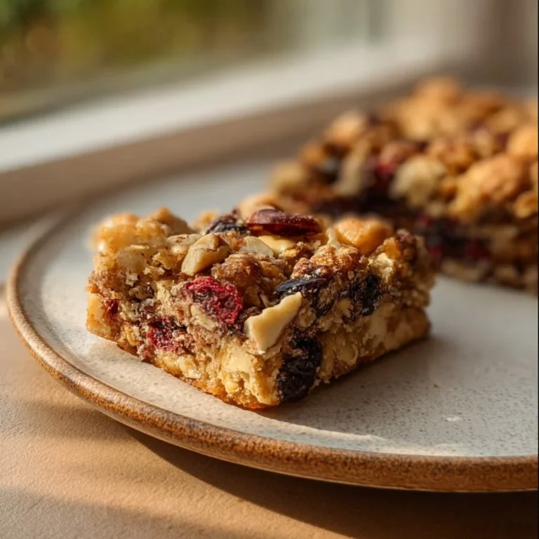 Homemade gluten free breakfast bars on a wooden plate with fruits