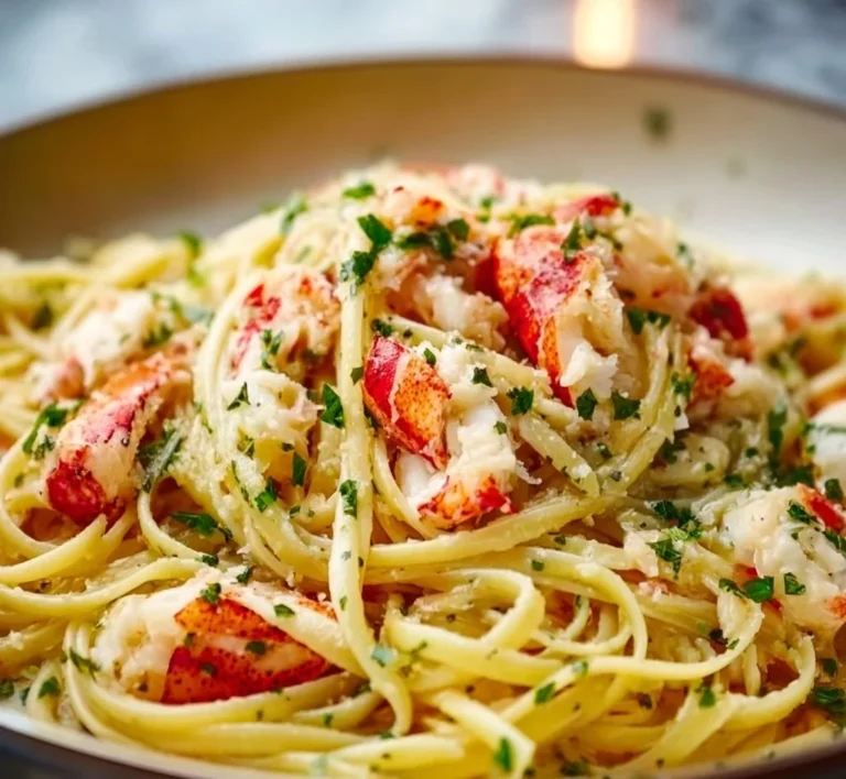 Plate of easy lobster scampi with linguine garnished with herbs