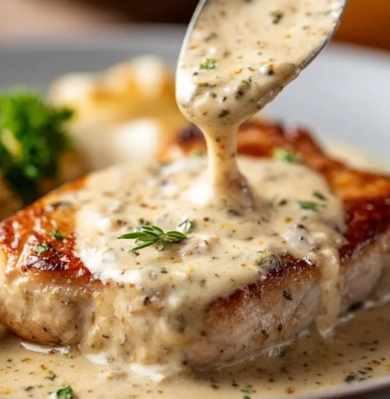 Delicious easy pork chops topped with creamy sauce on a plate