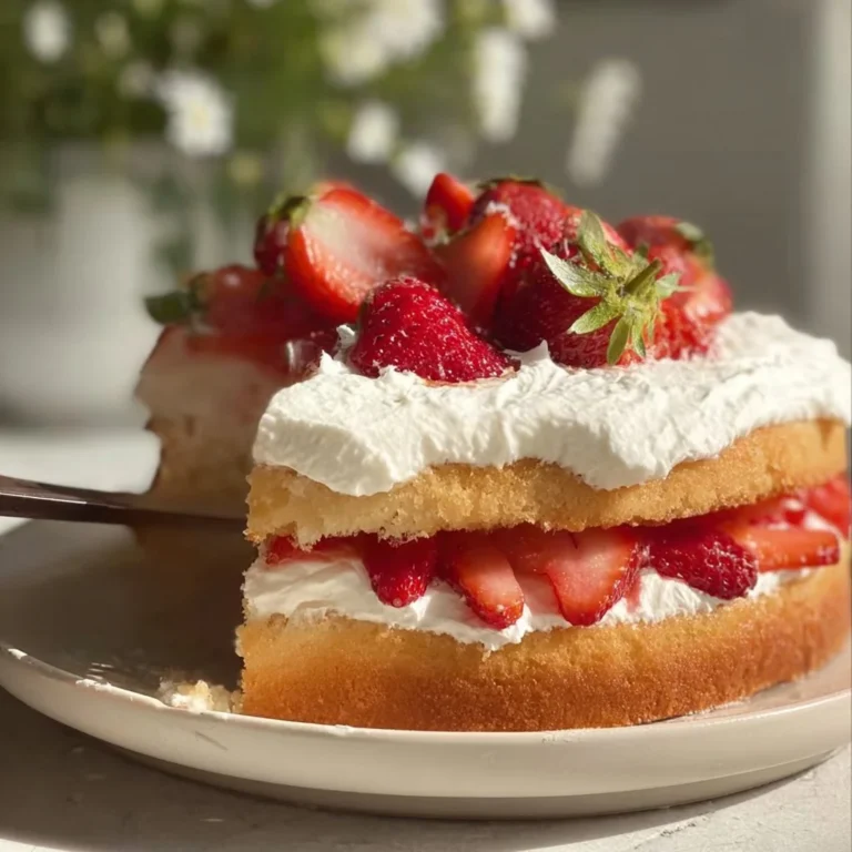 Slice of Easy Rustic Strawberry Shortcake Cake topped with fresh strawberries and cream