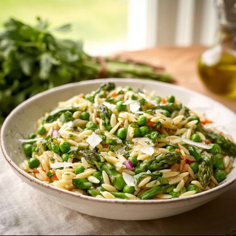 A colorful bowl of easy spring orzo pasta salad with vibrant vegetables.