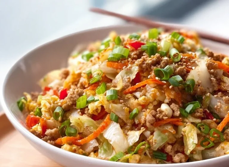Egg Roll in a Bowl dish with colorful vegetables and savory proteins.