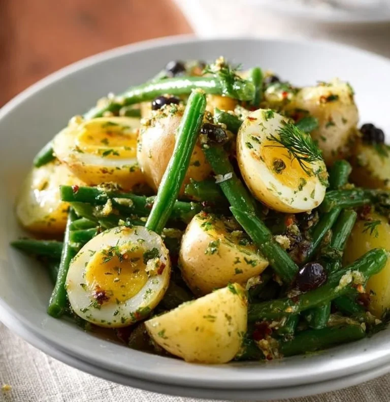 French-style potato and green bean salad in a bowl garnished with herbs