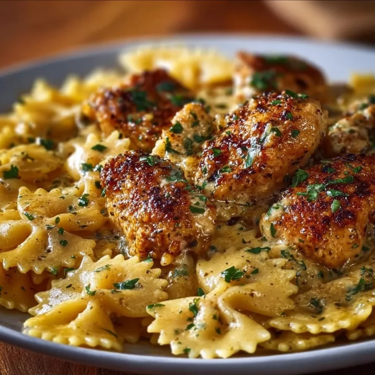 Delicious Garlic Butter Chicken served with Bowtie Pasta on a plate