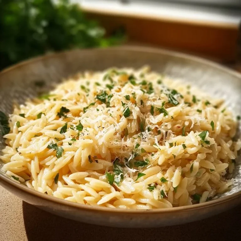 Delicious Garlic Parmesan Orzo pasta served in a bowl