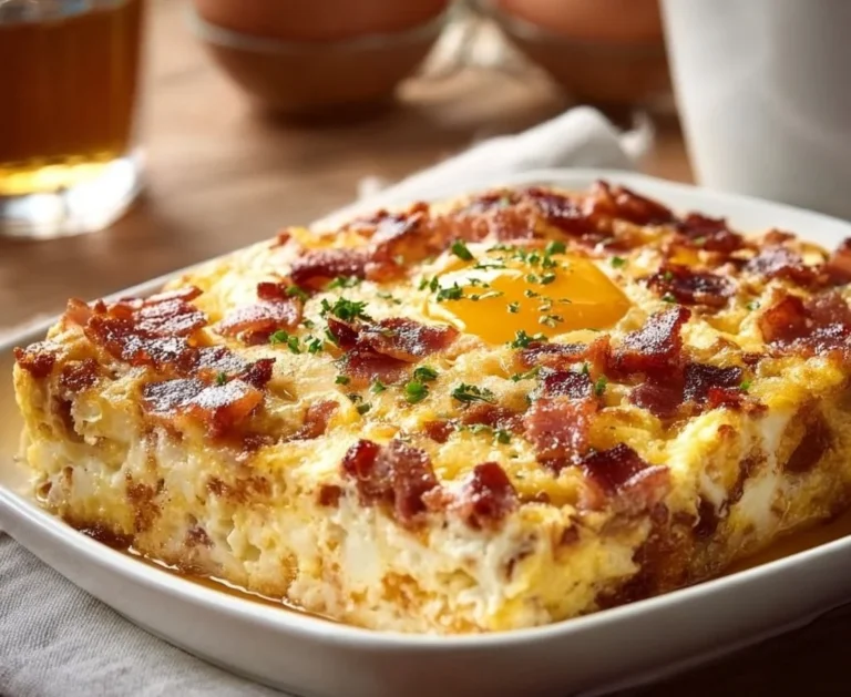 Delicious gluten-free bacon and egg casserole served on a plate.