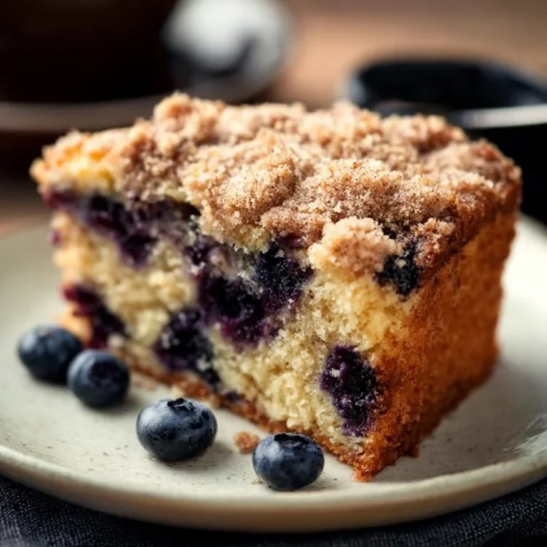 Gluten-free blueberry coffee cake topped with fresh blueberries and a crumble