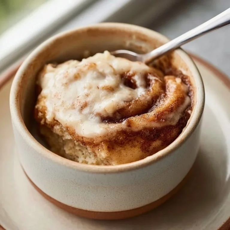 Delicious gluten-free cinnamon roll in a mug with icing on top