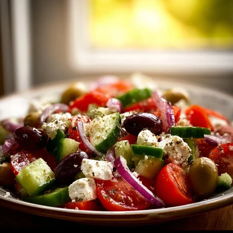 A delicious Greek Salad with fresh vegetables and feta cheese.