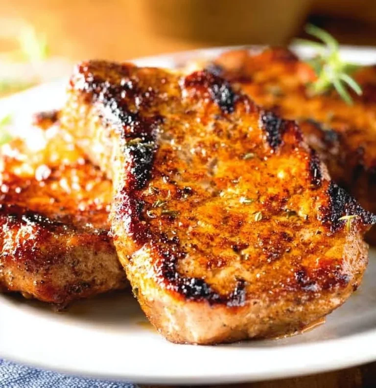 Grilled boneless pork chops on a plate with herbs and spices