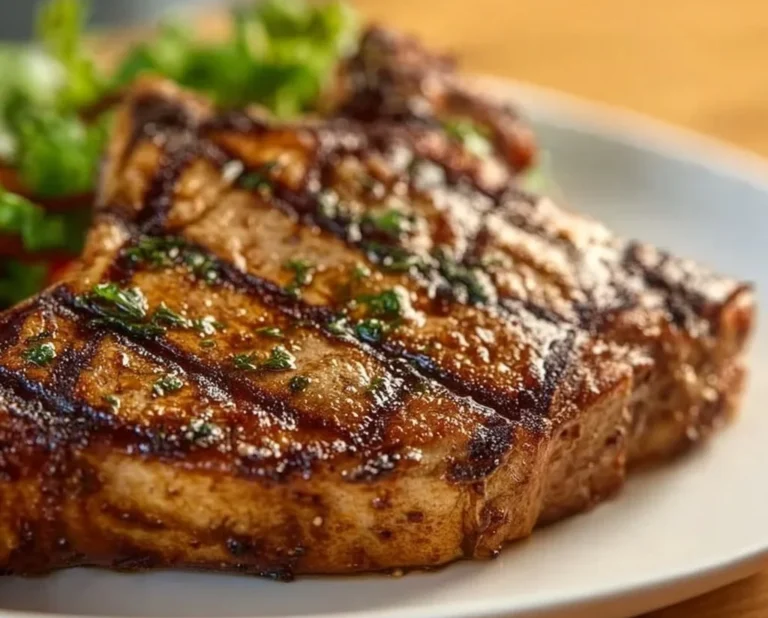 Marinated grilled pork chop ready to serve on a plate