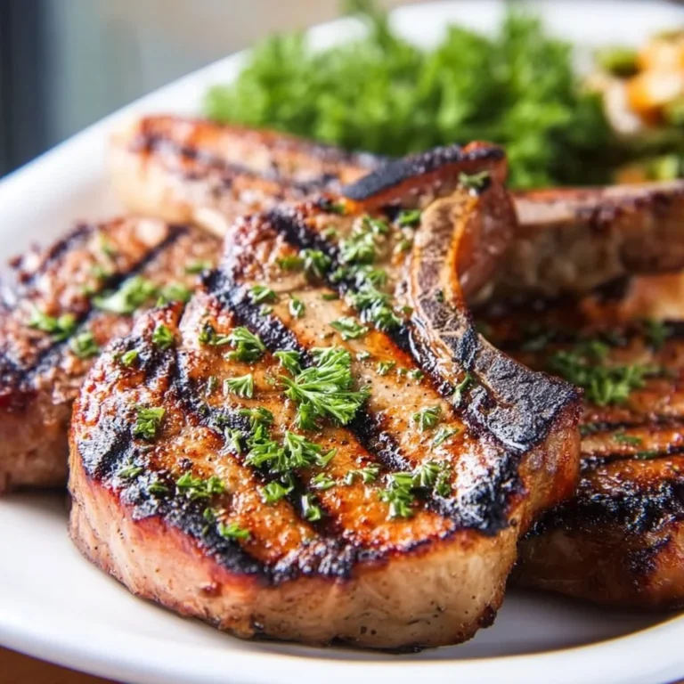 Delicious grilled pork chops on a plate with herbs and seasoning.