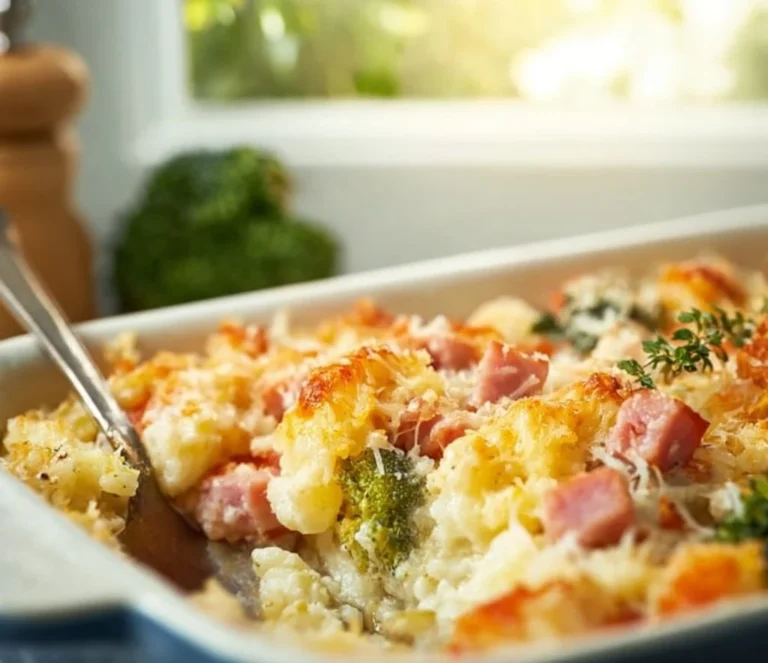 Delicious ham casserole baked to perfection with cheese and vegetables.
