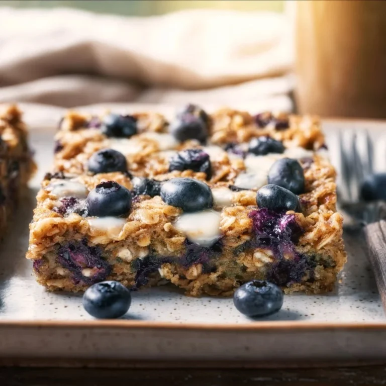 Healthy blueberry baked oatmeal served in a bowl topped with fresh blueberries