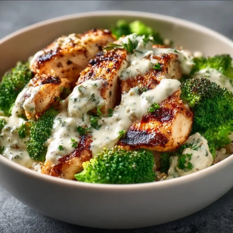 Healthy grilled chicken broccoli bowl with creamy garlic sauce
