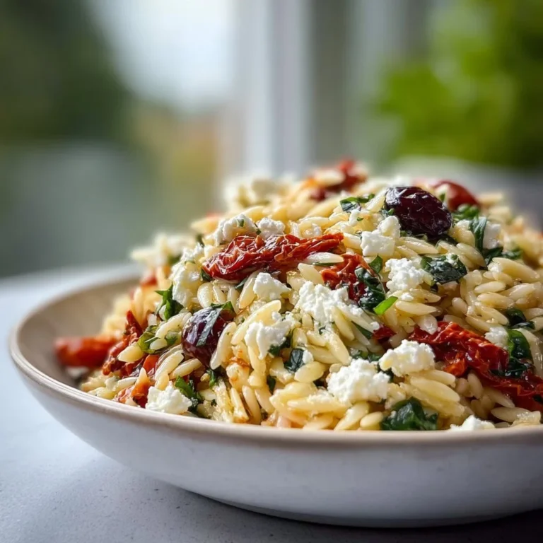 Homemade orzo pasta salad with feta cheese and sun-dried tomatoes