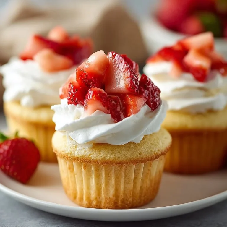 Homemade strawberry shortcake cupcakes topped with fresh strawberries and whipped cream