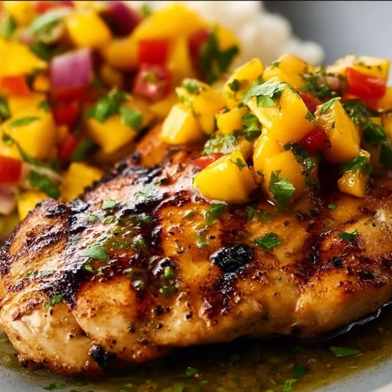 Honey Lime Chicken topped with fresh mango salsa on a plate