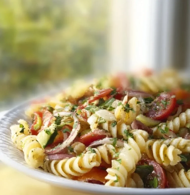 Italian pasta salad with fresh vegetables and dressing in a bowl