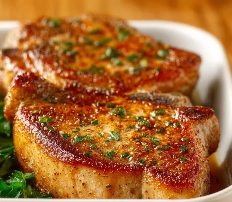 Juicy oven baked boneless pork chops on a plate with herbs