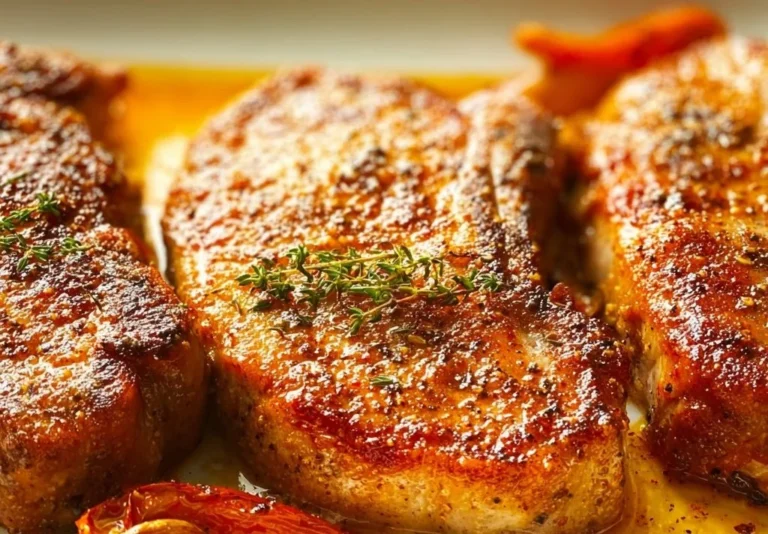 Juicy oven baked boneless pork chops served on a plate with sides.