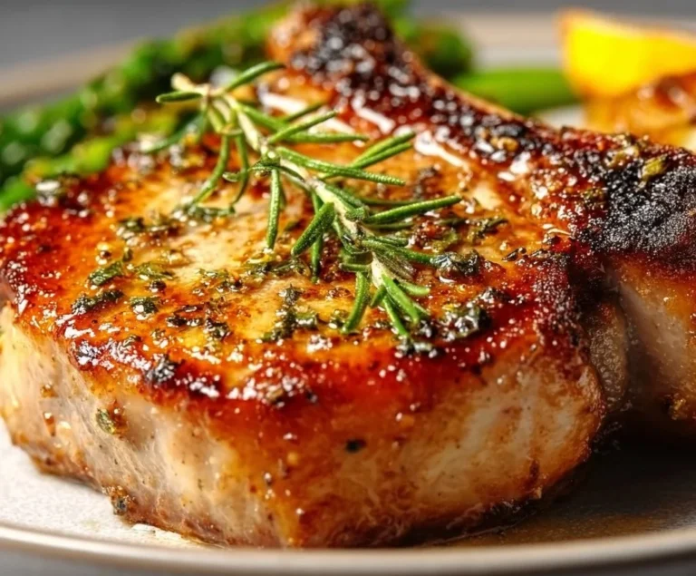 Juicy oven baked pork chops served with vegetables on a plate