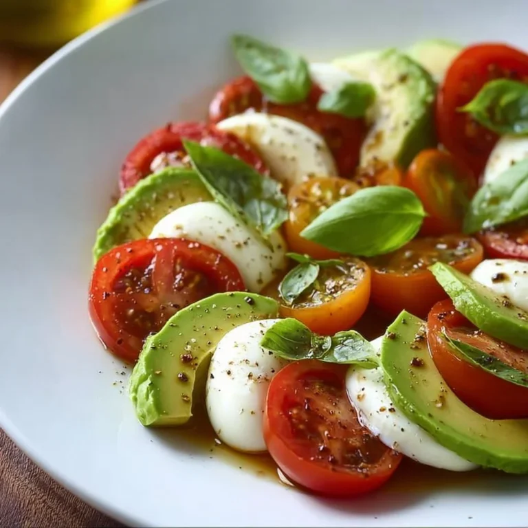 Light avocado caprese salad with fresh tomatoes and mozzarella on a plate