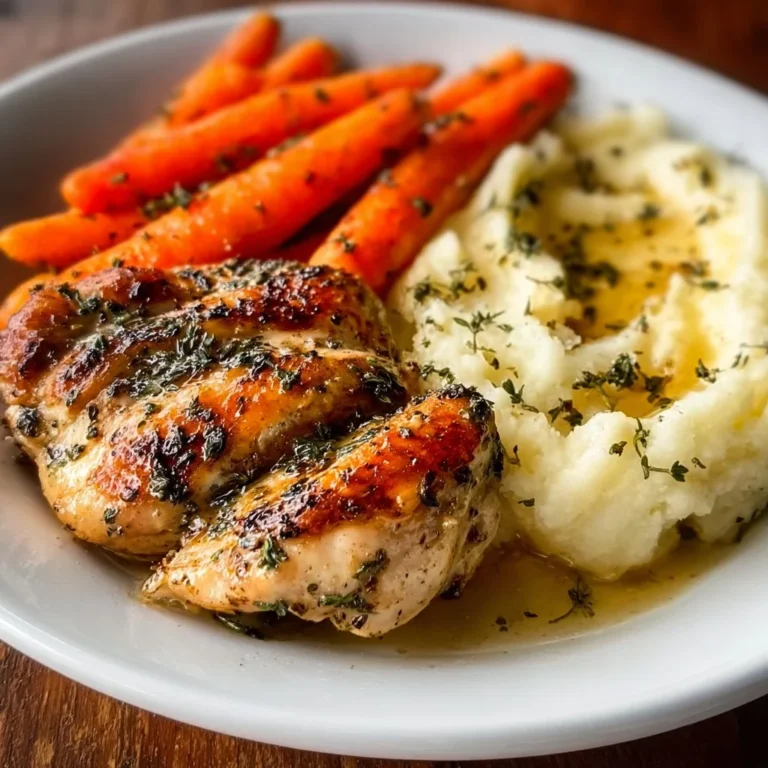 Plate of Garlic Herb Chicken with mashed potatoes and glazed carrots