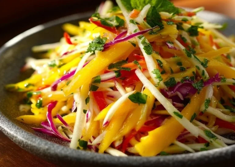 Colorful mango slaw with vibrant vegetables in a bowl