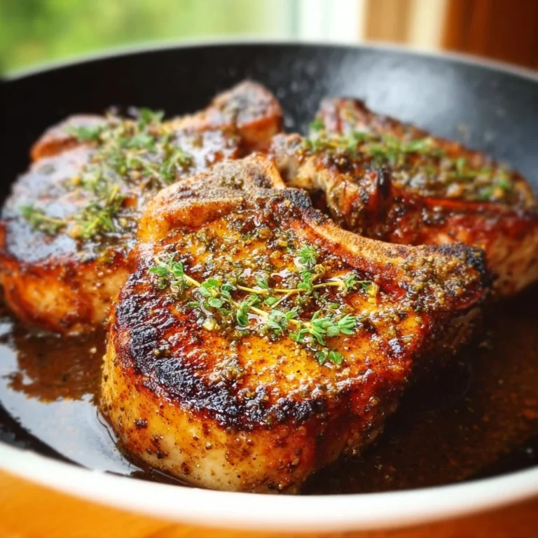 Mustard brown sugar pork chops garnished with herbs on a plate
