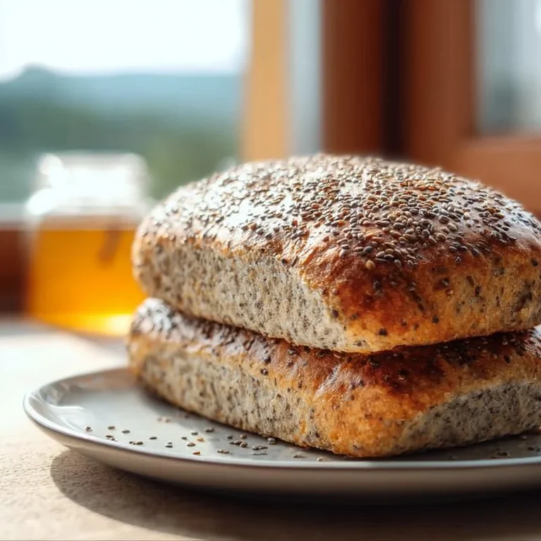 Slices of homemade Oat and Chia Bread on a wooden cutting board