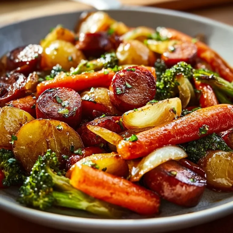 One-Pan Honey Garlic Kielbasa with mixed veggies cooked to perfection.